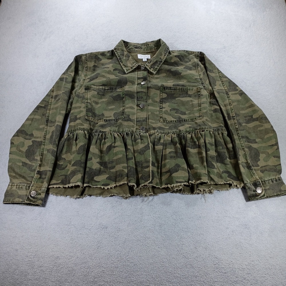 Mud Pie Womens Camo Peplum Jacket Green Large Raw Hem Button Front